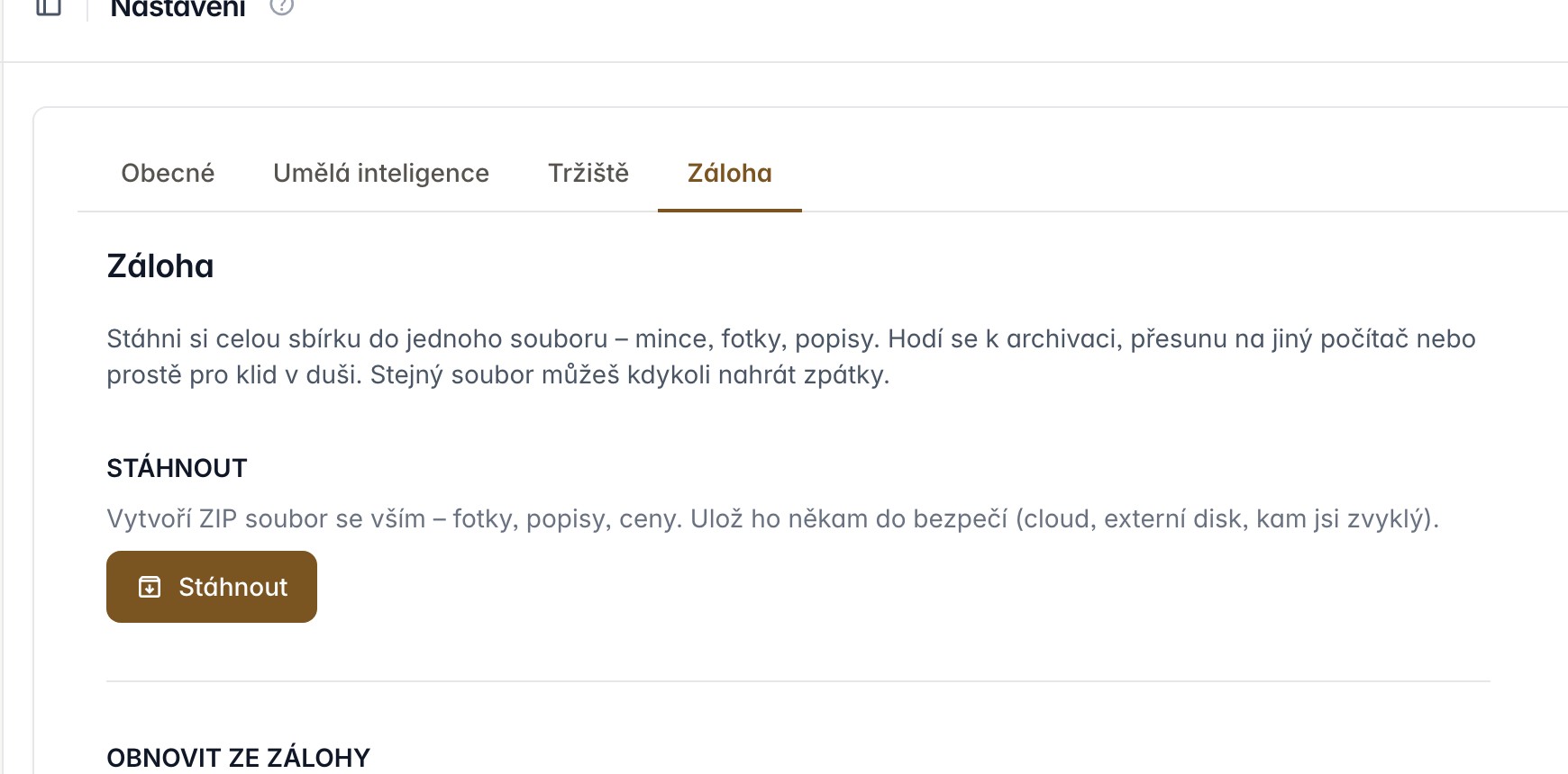Stažení kompletní zálohy sbírky a obnova ze souboru