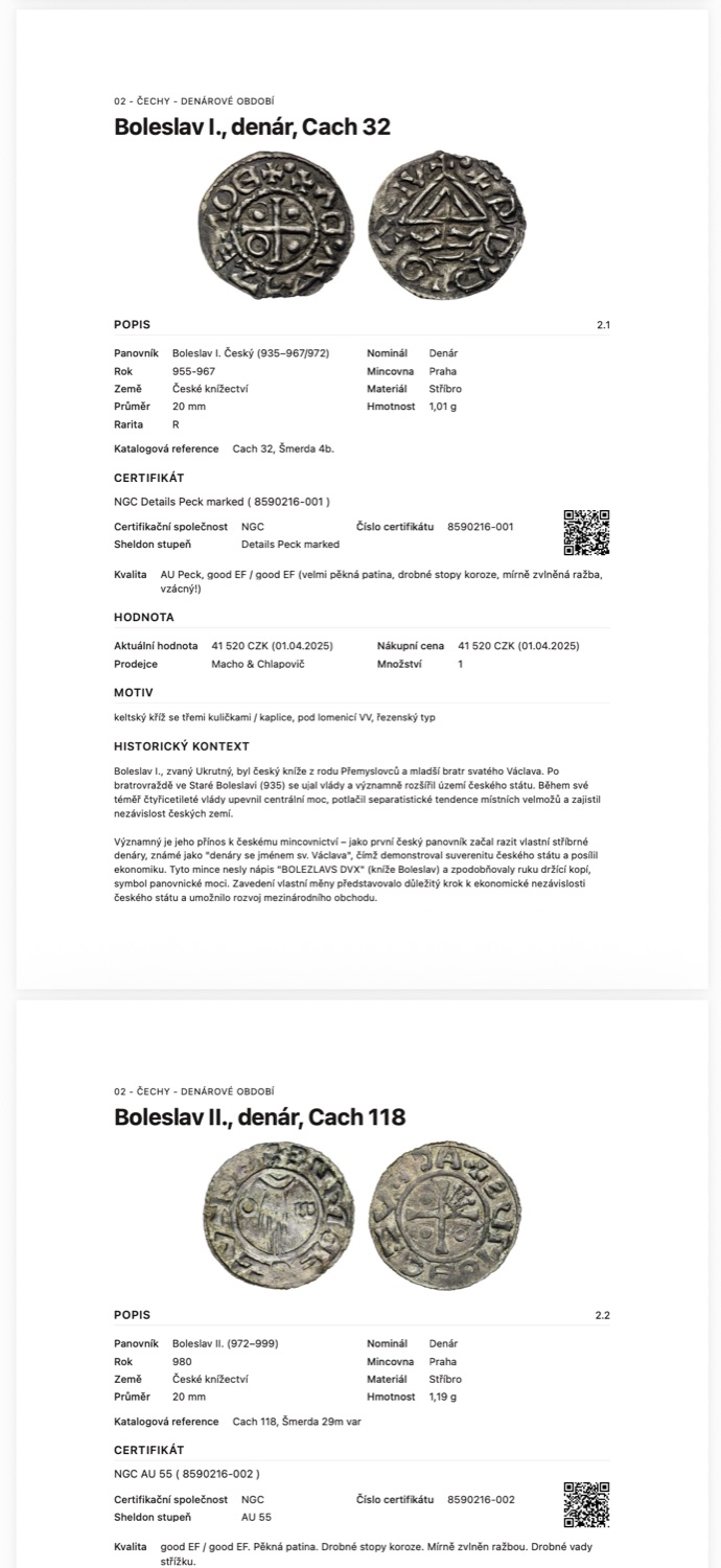 Tiskový katalog sbírky jako kniha – fotky, parametry, certifikace i QR kód