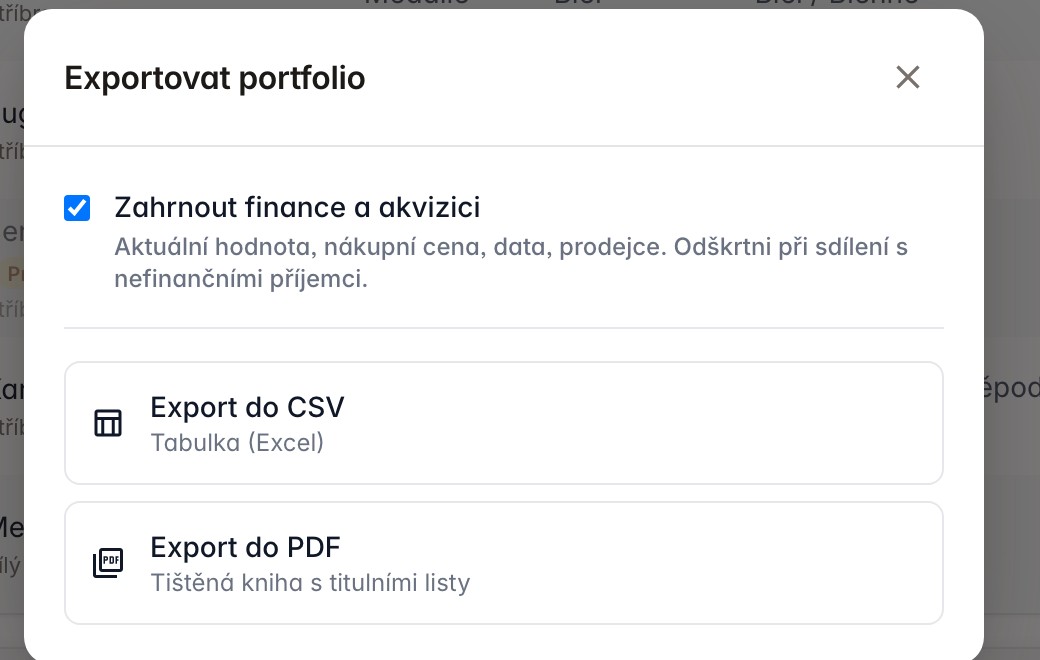 Export portfolia do CSV nebo PDF s přepínačem financí