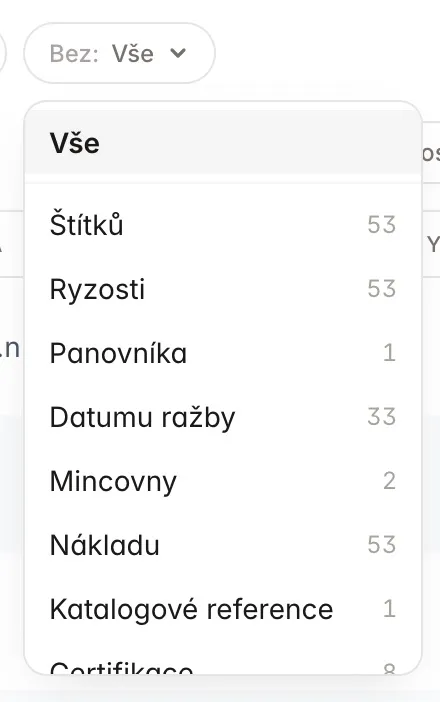 Filtr mincí podle chybějících údajů