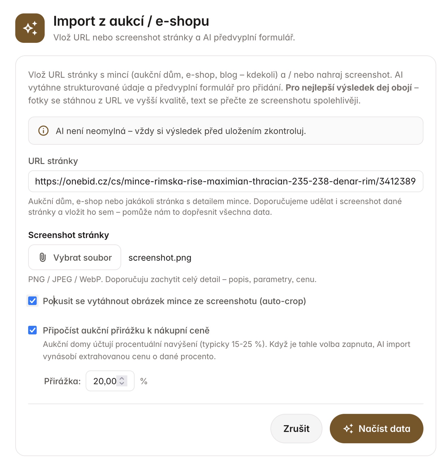 Import mince z aukčního odkazu nebo screenshotu