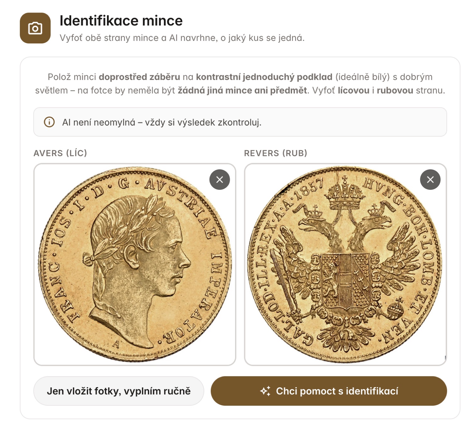 Identifikace mince z nahraných fotek