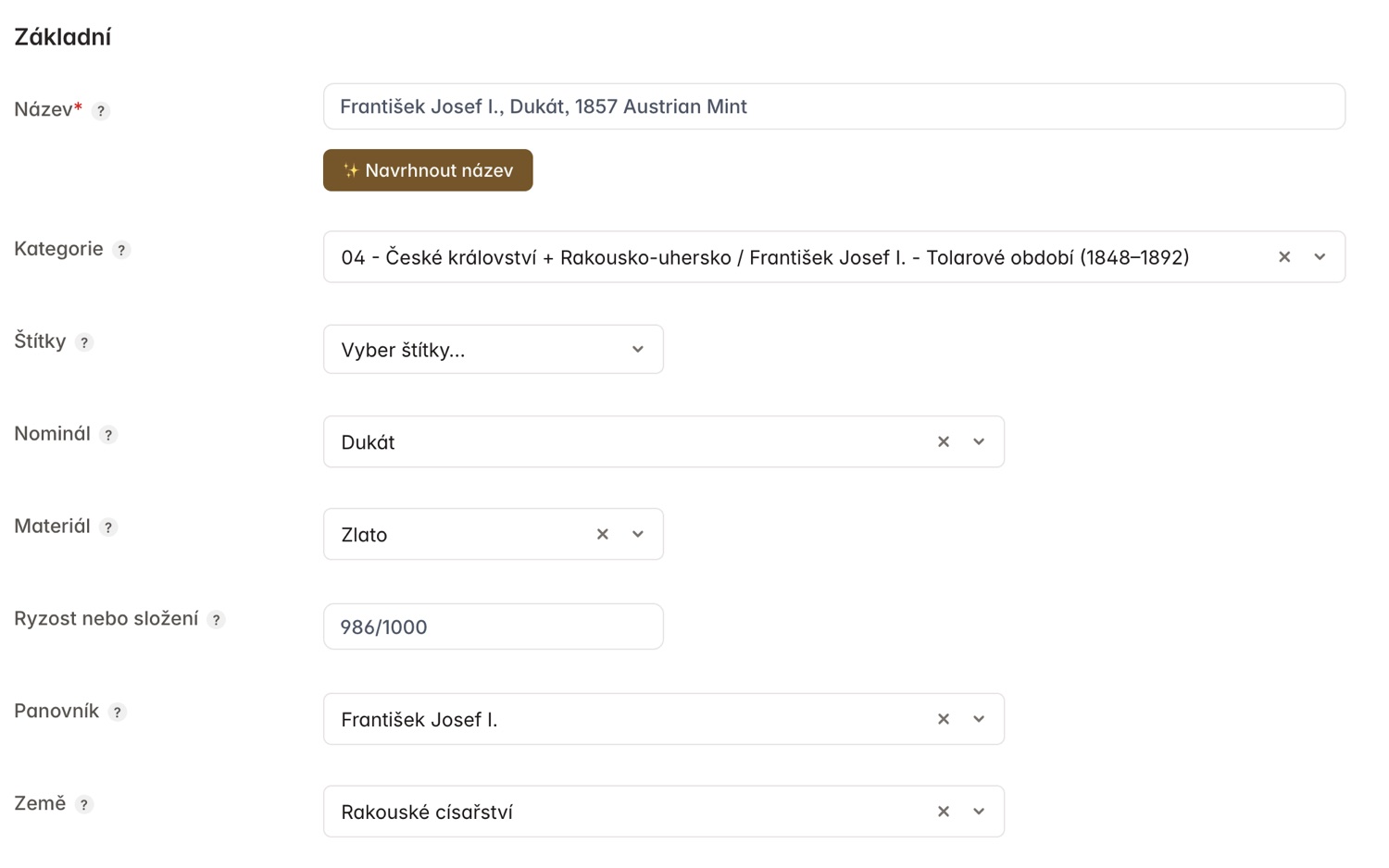 Předvyplněná kategorie a slovníkové termíny v detailu mince