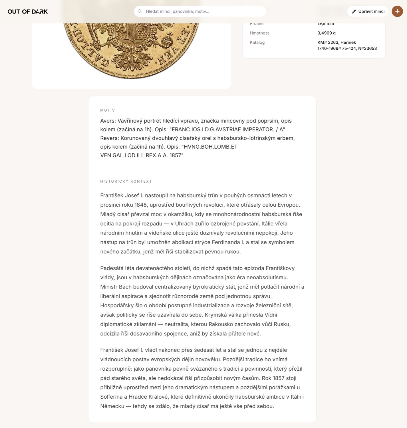 Popis motivu a historický kontext mince doplněný AI