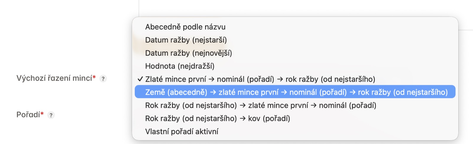 Volba výchozího řazení mincí v kategorii