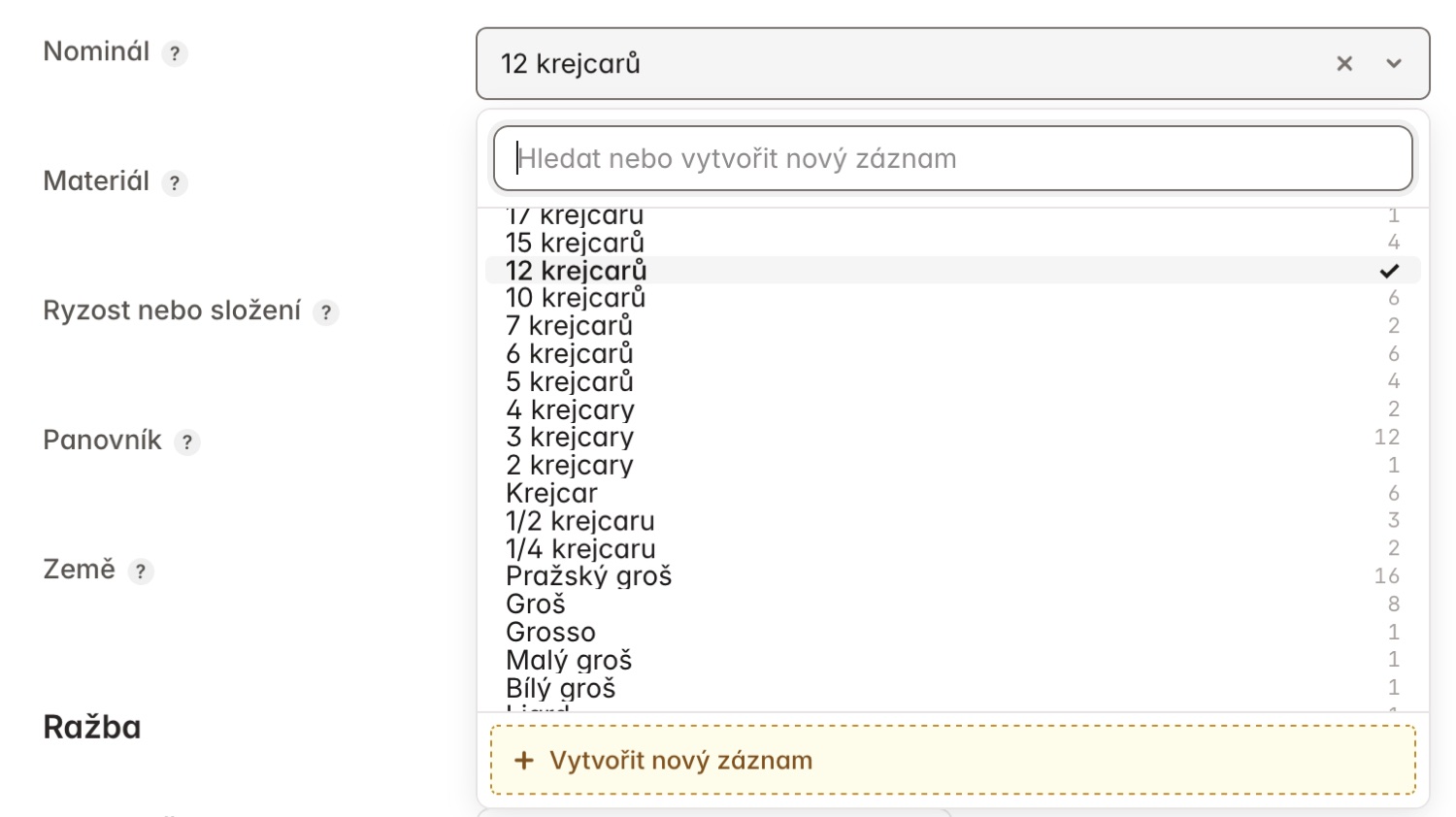 Našeptávání hodnot z vlastního slovníku ve formuláři