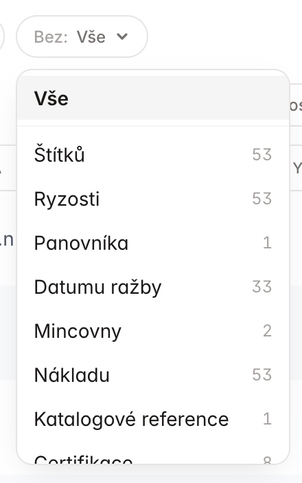 Filtr mincí podle chybějících údajů