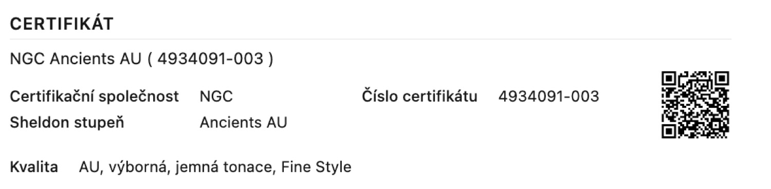 Certifikát mince s QR kódem na ověření