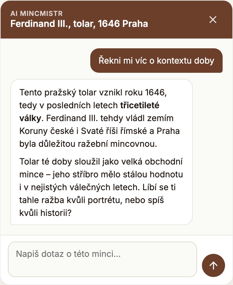 Chat s AI Mincmistrem v detailu konkrétní mince