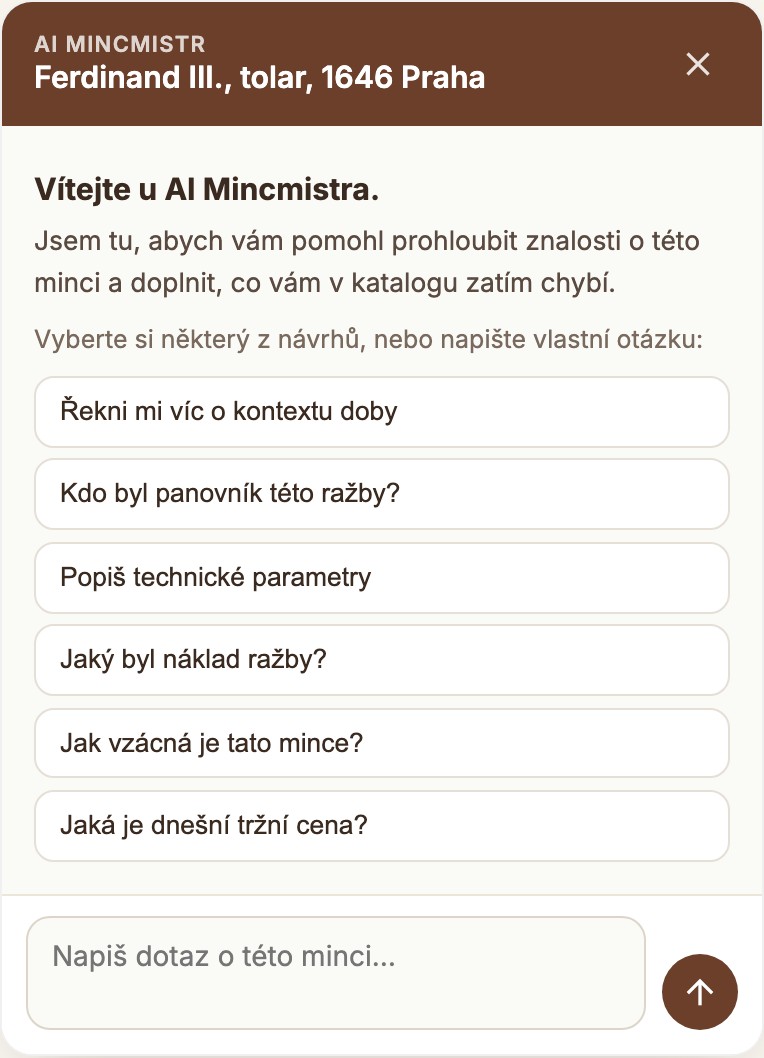 Úvodní návrhy otázek pro AI Mincmistra šité na míru minci