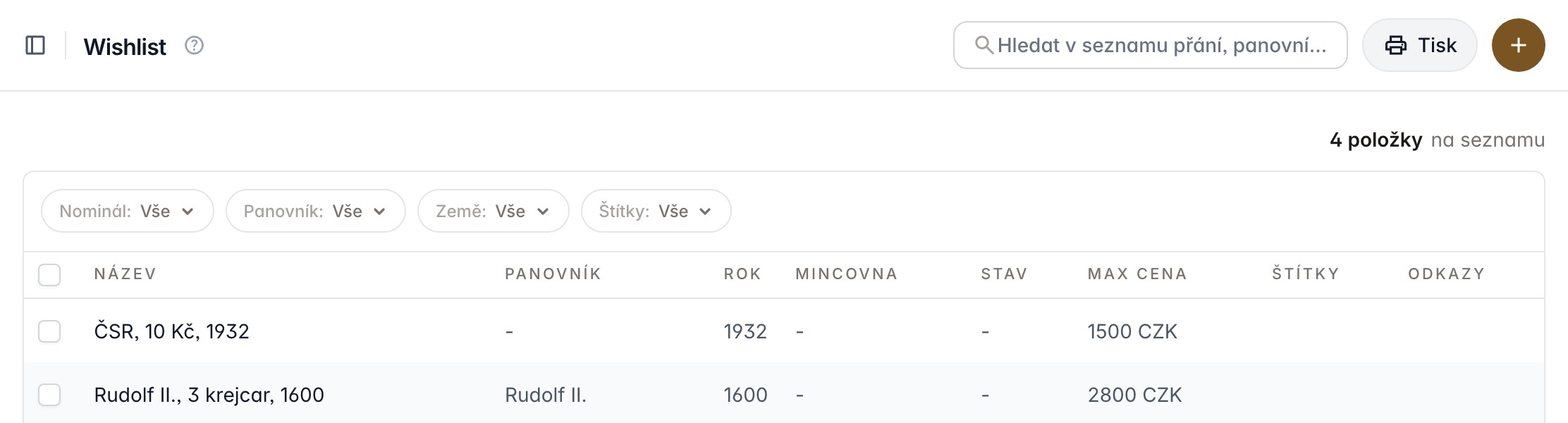 Seznam sledovaných mincí s maximální cenou a filtry