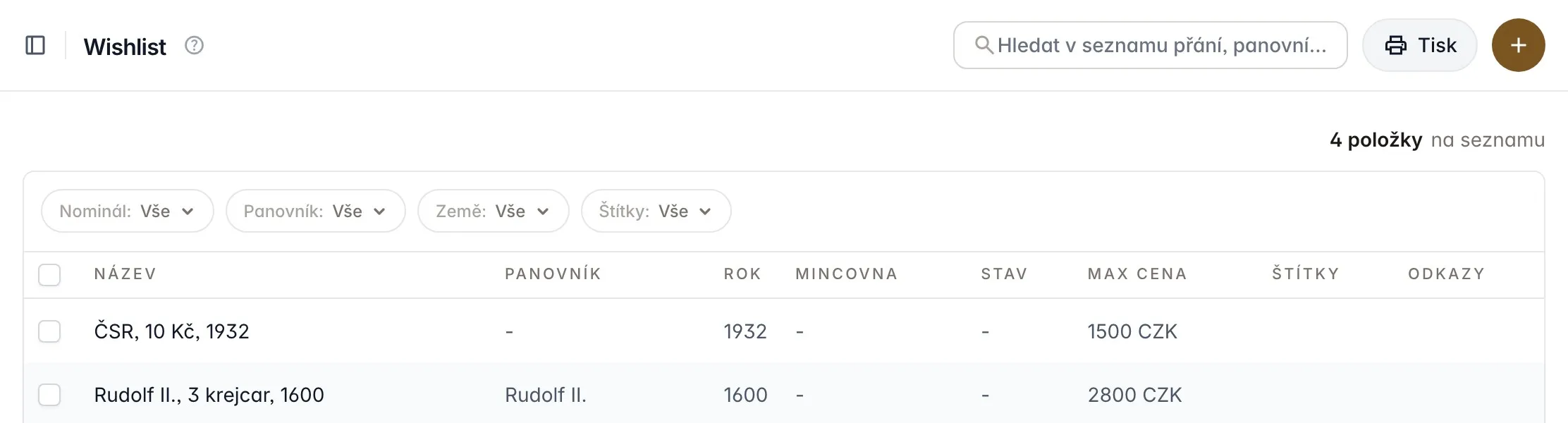 Seznam sledovaných mincí s maximální cenou a filtry